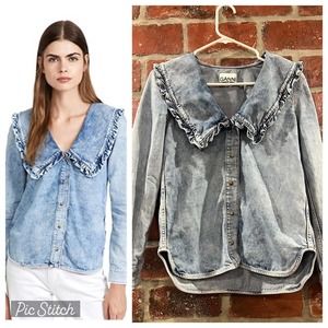 Ganni Light Denim Ruffle Collar Shirt Button Front Size 32